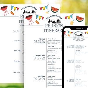 May include: A family reunion itinerary displayed on paper and a smartphone. The design includes illustrations of a barbecue grill, hot dogs, and watermelon slices. The text reads "The Smith Family Reunion Itinerary" with a schedule for Friday, Saturday, and Sunday.