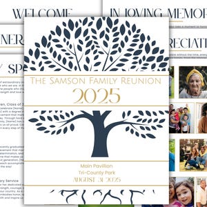 Può includere: Un invito a una riunione di famiglia con un motivo ad albero blu navy e il testo "The Samson Family Reunion 2025". L'invito include foto e dettagli dell'evento per il 31 agosto 2025.