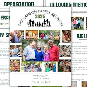 以下が含まれることがあります： サムソンファミリーリユニオン2025のチラシ。家族写真とイベントの詳細が掲載されています。「The Samson Family Reunion 2025」というメインテキストと、2025年8月31日の日付。場所：メインパビリオン、トライカウンティパーク。