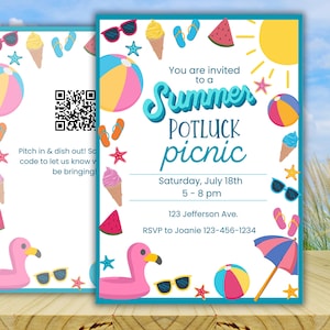 Puede incluir: Invitación a un picnic de verano con borde turquesa. El diseño incluye pelotas de playa, gafas de sol, conos de helado y un flamenco. El texto de la invitación dice "You are invited to a Summer POTLUCK picnic".