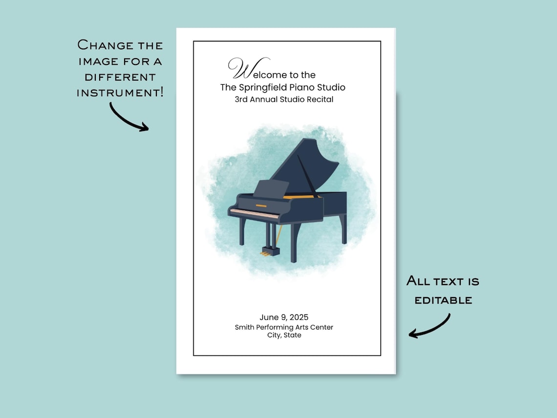Editable Music Recital Program Template – Canva Editable | Piano Theme ...
