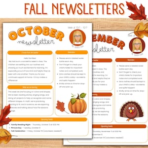 以下が含まれることがあります： 「Fall Newsletters」というタイトルの2つの秋をテーマにしたニュースレター。10月のニュースレターにはカボチャのイラストが、11月のニュースレターには七面鳥のグラフィックが掲載されています。どちらのニュースレターにも「October Newsletter」と「November Newsletter」というテキストがあります。