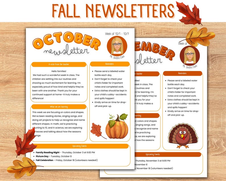 EDITABLE Weekly Fall Newsletter Template, October, November, Monthly ...
