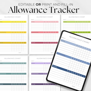 May include: A digital allowance tracker with the text "Allowance Tracker" at the top. The image shows several colorful allowance charts, each with sections for morning, afternoon/evening, and extra jobs. A tablet displays a similar chart.