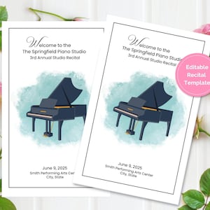 May include: Editable piano recital program template with a watercolor background and a black grand piano illustration. The text reads "Welcome to the Springfield Piano Studio 3rd Annual Studio Recital".