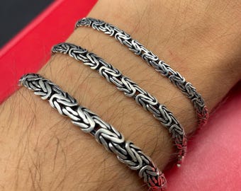 925スターリングシルバー 酸化フラットビザンチンブレスレット、バリキングチェーンブレスレット、男性へのギフト、クラシックデザインブレスレット、誕生日ギフト