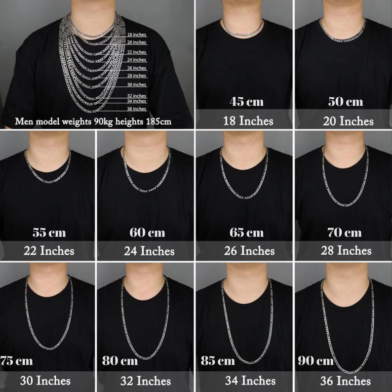 May include: A silver chain necklace in various lengths, from 18 inches to 36 inches, displayed on a model. The necklace is shown in 10 different lengths, with the corresponding measurements in both inches and centimeters.