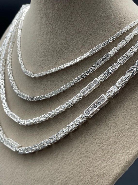 925 Sterling Silver Square White Byzantine Chain Necklace, Greek