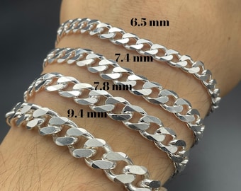 925 Sterling Silver Cuban Chain Bracelet, Curb Link Chain