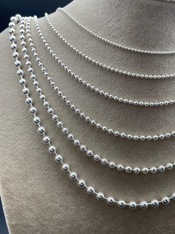 925 Sterling Silver Beaded Chain Necklace, Dainty Minimalist Ball