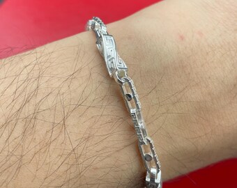 925 Sterling Silver Chain Bracelet, Greek Key Box Bracelet, Greek