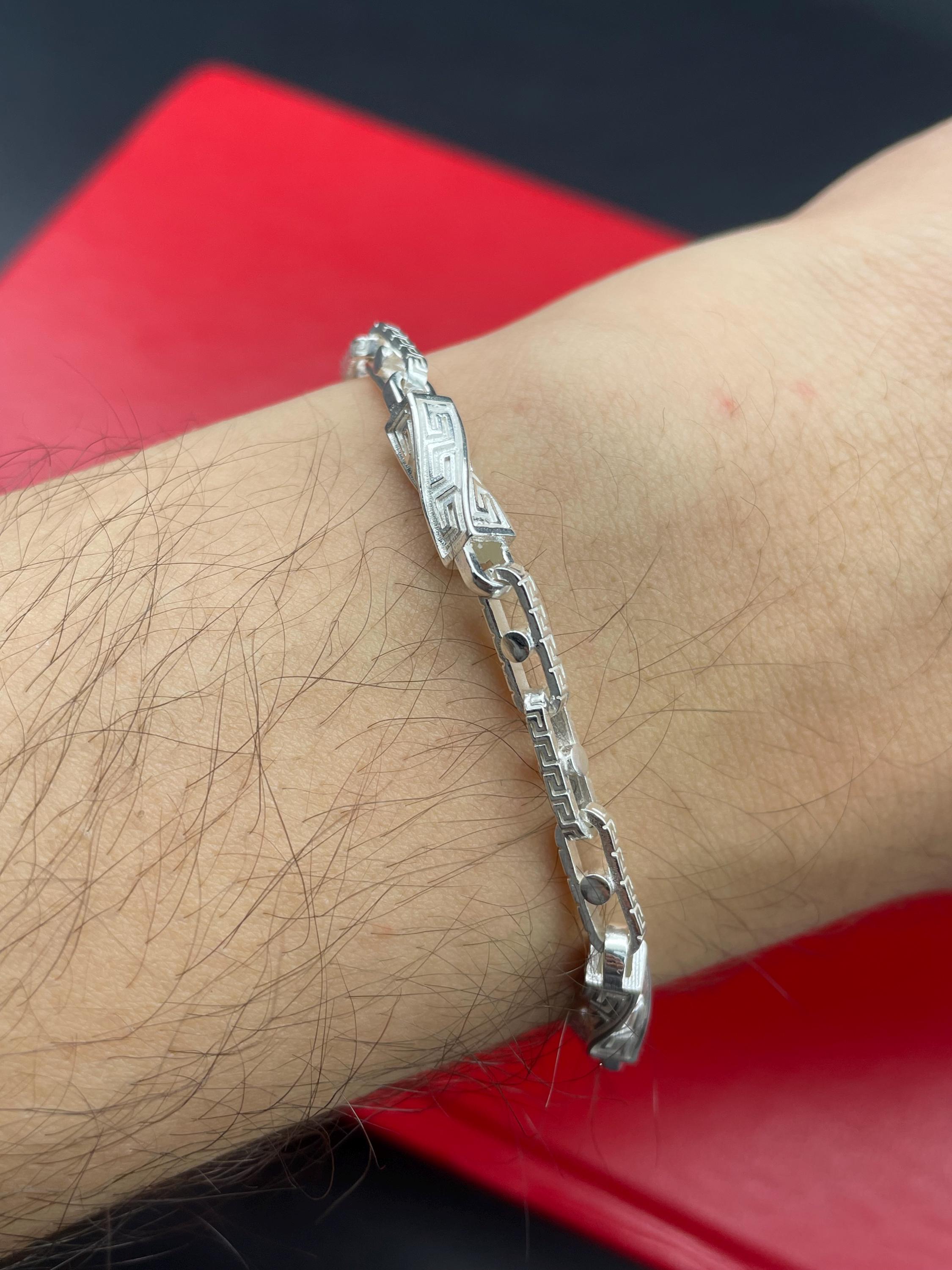 925 Sterling Silver Chain Bracelet, Greek Key Box Bracelet, Greek