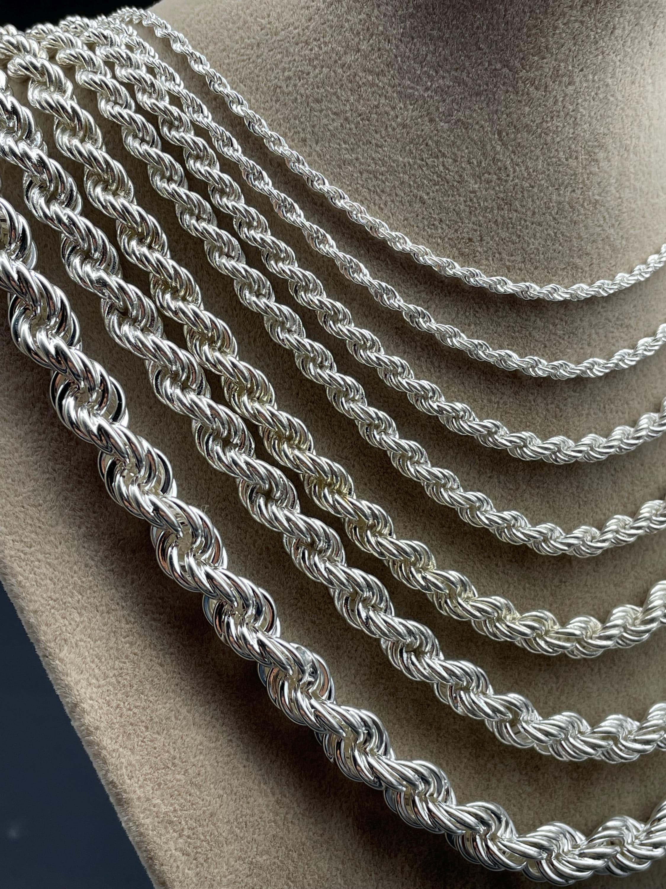 925 Sterling Silver Rope Chain Necklace, Twist Chain, Real Silver