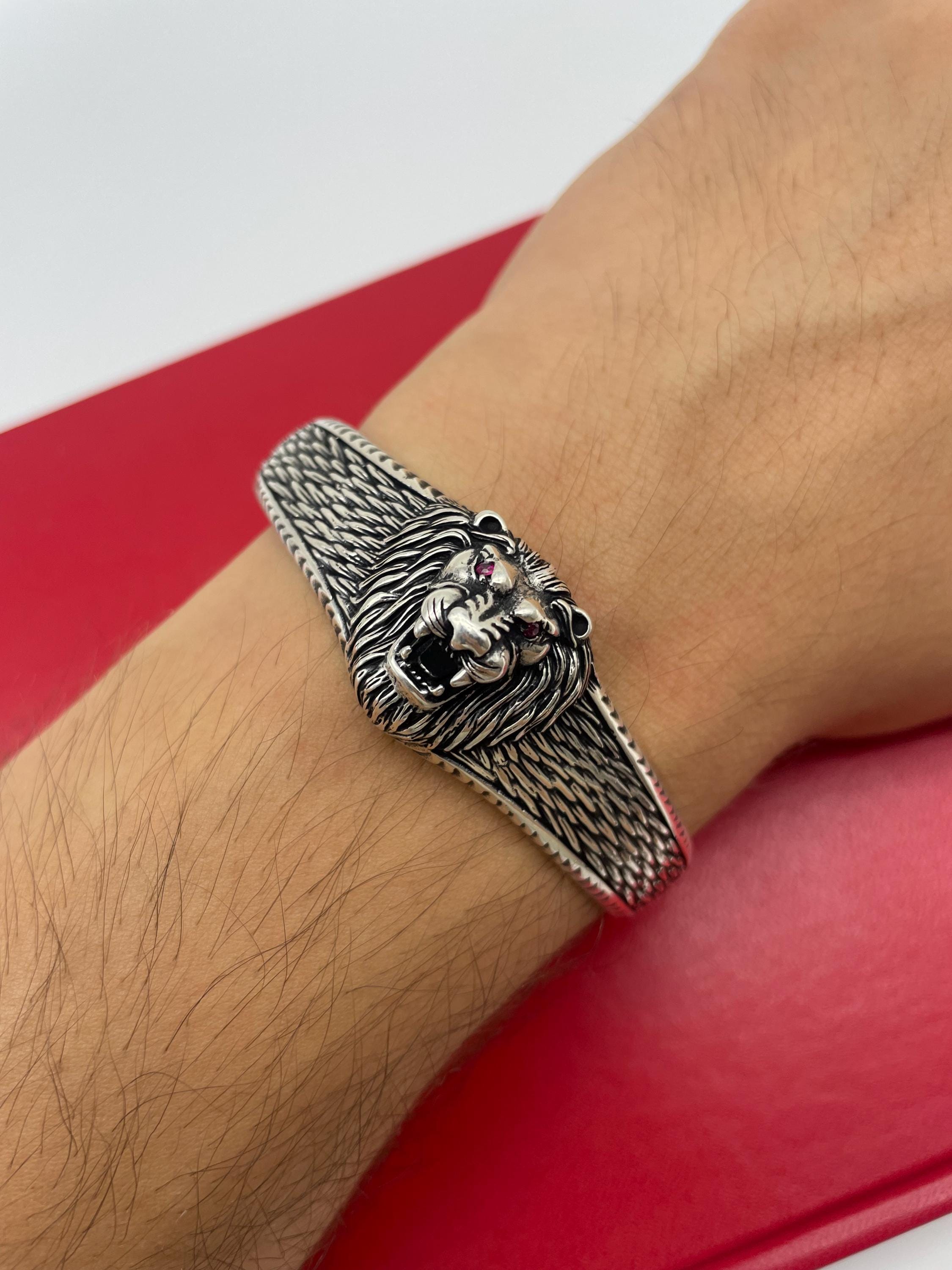 925 Sterling Silver Lion Bracelet, Cuff Bangle Bracelet, Lion Head