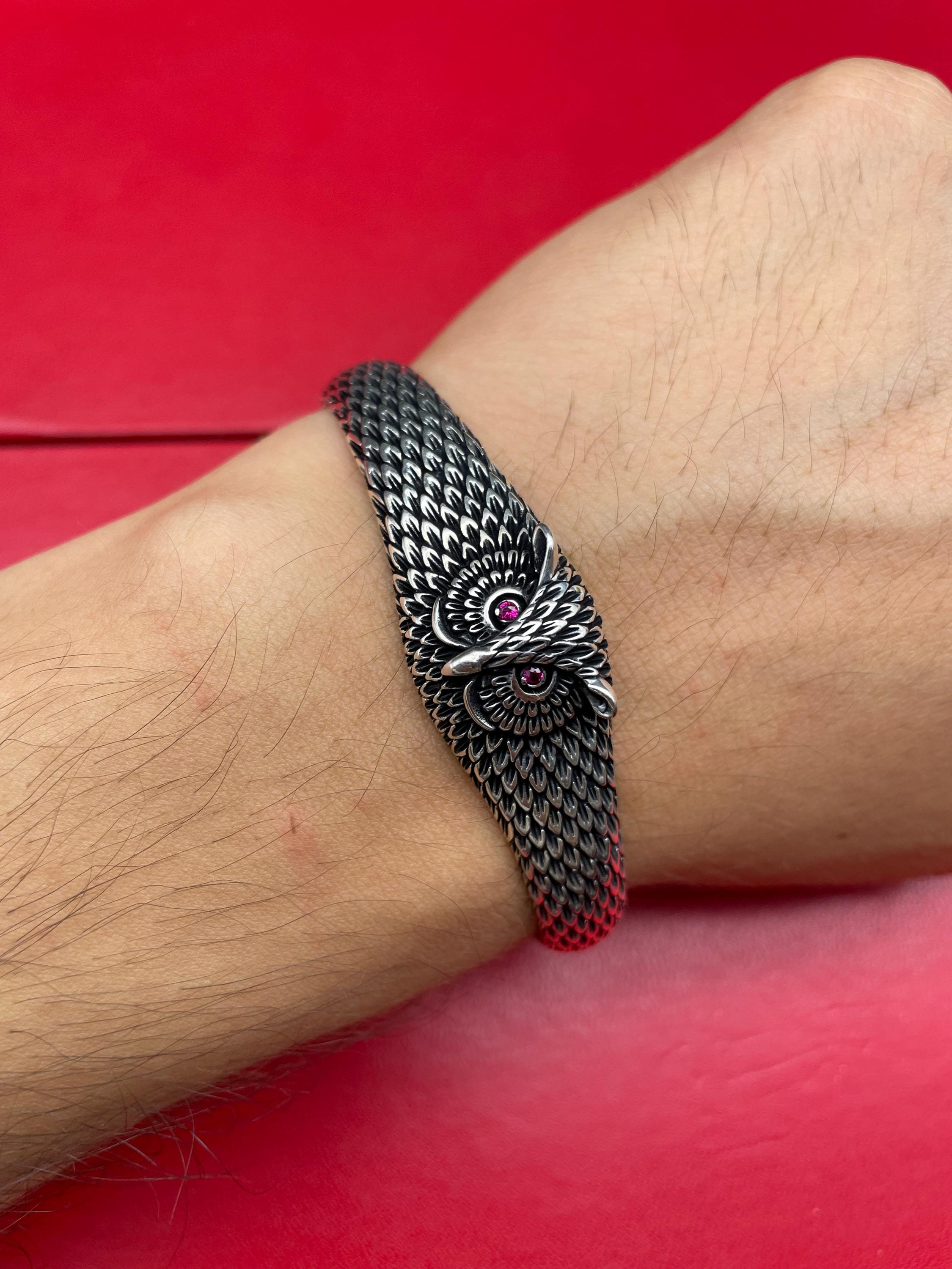 925 Sterling Silver Owl Bracelet, Cuff Bangle Bracelet, Owl Head Bracelet, Elegant Animal Design Gif