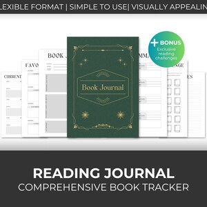 Könnte beinhalten: Ein druckbares Lesetagebuch mit einem grünen Einband, der mit einem goldenen Design und dem Text "Book Journal" verziert ist. Das Tagebuch enthält Abschnitte zum Verfolgen aktueller, Lieblings- und abgeschlossener Bücher. Es enthält auch einen Bonusabschnitt mit Leseaufgaben.