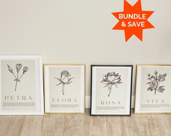 Vintage Floral Print Bundle, Antique Rose Printable Wall Art, Flower Sketch, Botanical Farmhouse Décor, Spring French Country Digital Art