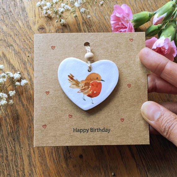 Handmade Rustic Robin Card with Detachable Heart Ornament, Card for mum, granny, mothers day