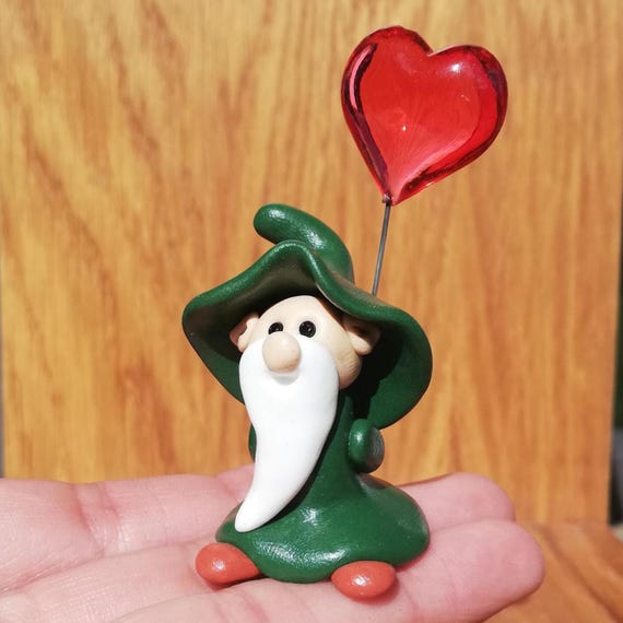 Handcrafted Caledonian Wizard Gnome, Gonk: Polymer Clay Figurine with Heart Balloon