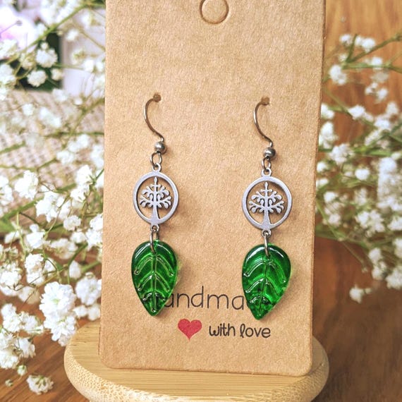 Nature Lover Earrings – Green Glass Leaf Dangles with Tree of Life Charm