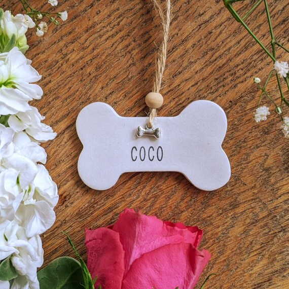 Personalised Pet Ornament, Handcrafted Dog bone Decoration, pet gift tag