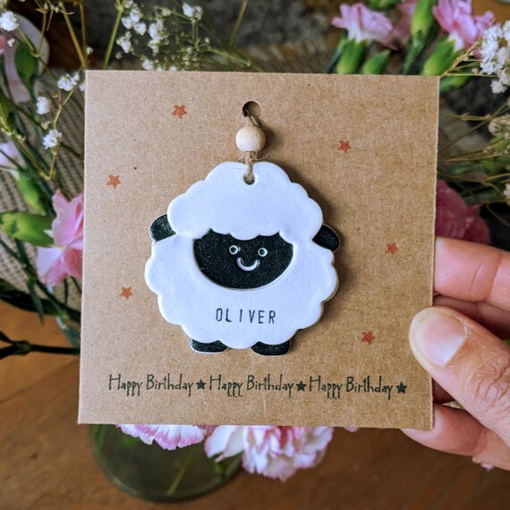 Scottish Black Face Sheep Card with Clay Ornament – Hand-Painted & Personalised