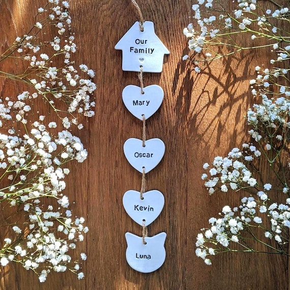 Personalised Heart Clay Family and Pets Wall Hanging, Housewarming Gift, Christmas gift