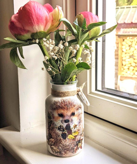 Handmade Hedgehog Floral Glass Jar – Decoupage Wild Animal Vase design with personalised clay heart