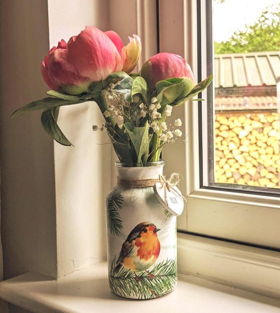 Handmade Robin Floral Glass Jar – Decoupage Pine Branch Vase, Personalised Clay Heart Gift
