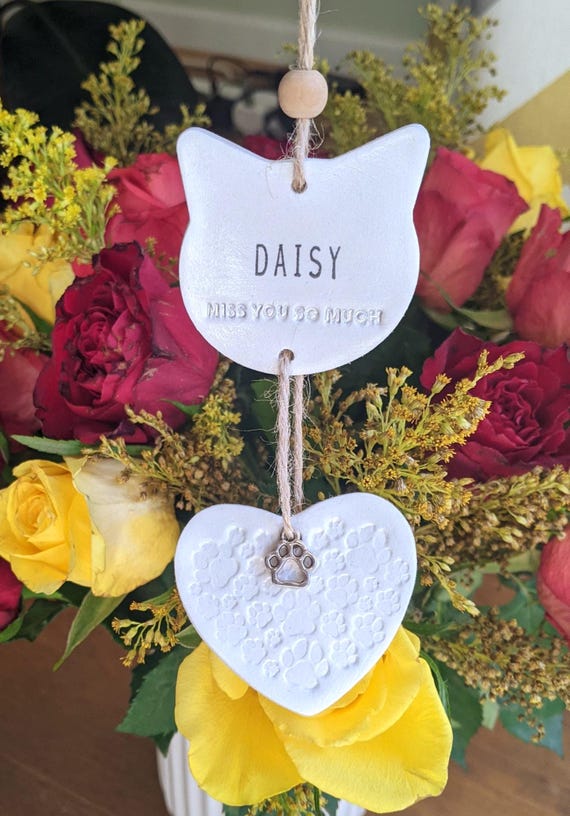 Personalised Cat Memorial Decorations, Handcrafted hanging Clay memorial.