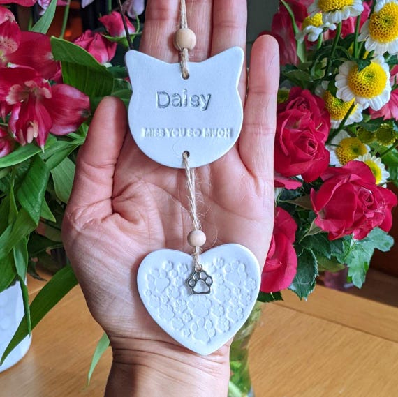 Personalised Cat Memorial Decorations, Handcrafted hanging Clay memorial.