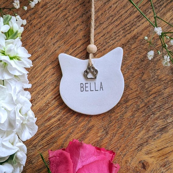 Personalised Pet Ornament, Handcrafted Cat shape Decoration, pet gift tag