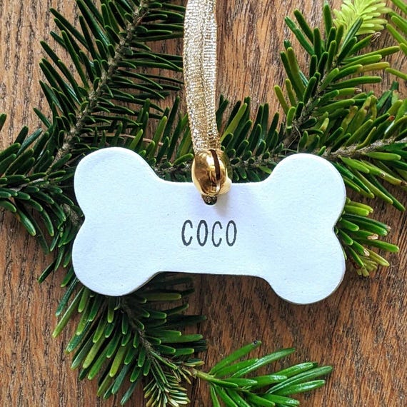 Personalised Christmas Pet Ornament, Handcrafted Dog bone Decoration, pet gift tag