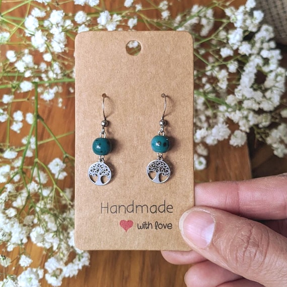 Tree of Life Drop Earrings with Turquoise Ceramic Beads