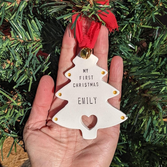 Baby's First Christmas Ornament, Personalised Name Tree Decoration, Handmade Clay Keepsake