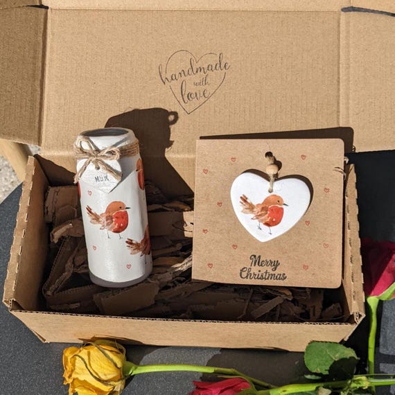 Handmade Mini Robin Vase with Air-Dry Clay Heart Keepsake – Birthday, Retirement & Thank You Gift