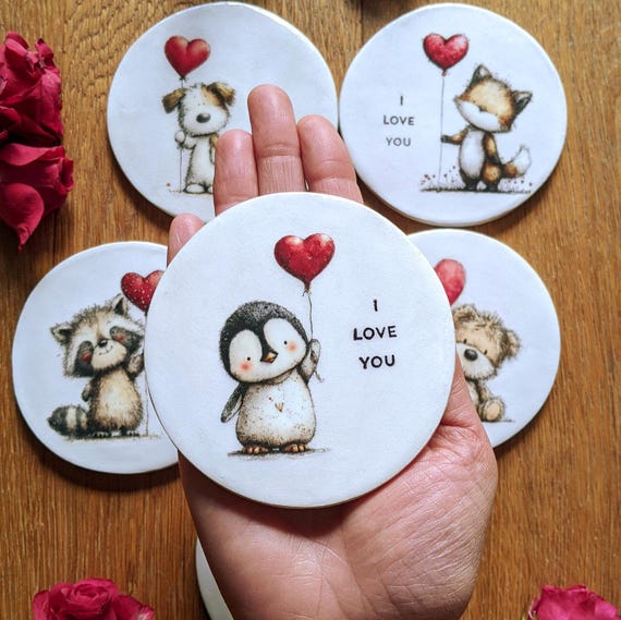 Handmade Animal love Coaster gift – "I Love You" , Gift for her - him, Penguin, Dog, Raccoon, Fox and Bear designs.