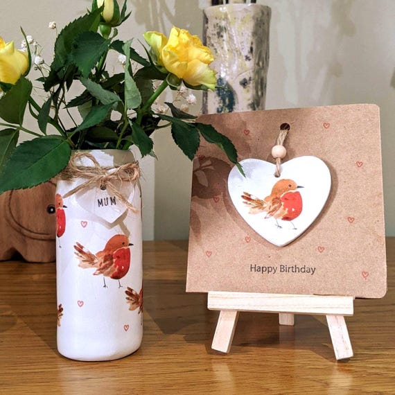 Handmade Robin Vase with Air-Dry Clay Heart Keepsake – Birthday, Retirement & Thank You Gift