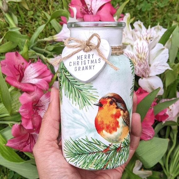 Robin Flower Vase, Handmade Glass Jar, Robin Gift for Nature Lover, Small Vase, Christmas Gift, Memorial Remembrance