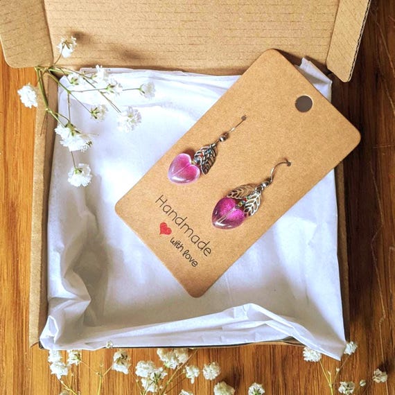 Purple Glass Heart Earrings – Stainless Steel Leaf Charm Dangles