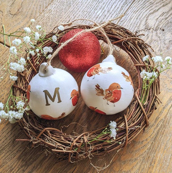 Personalised Ceramic Robin Bauble | Optional Gold Initial | Handmade Christmas Ornament
