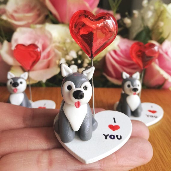 Handcrafted Polymer Clay Siberian Husky Figurine: I Love You Dog Lover Gift