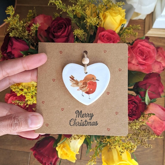 Handmade Rustic Robin Card with Detachable Heart Ornament, Card for mum, granny, mothers day