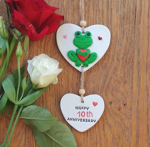 Handcrafted Clay Frog Hearts Hanging Decoration, Personalized Anniversary Gift