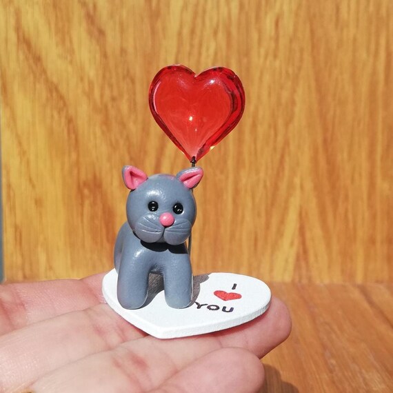 Polymer Clay Cat Figurine: 'I Love You' Heart Balloon, For Cat Lovers