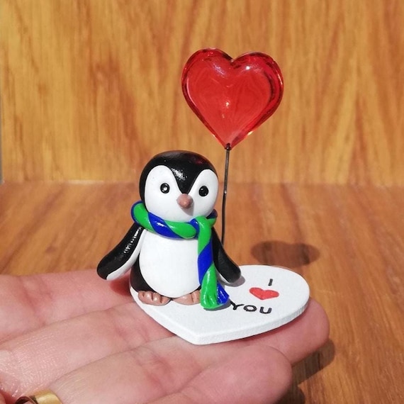 Handcrafted Polymer Clay Penguin Figurine: 'I Love You' Gift, for penguin lovers