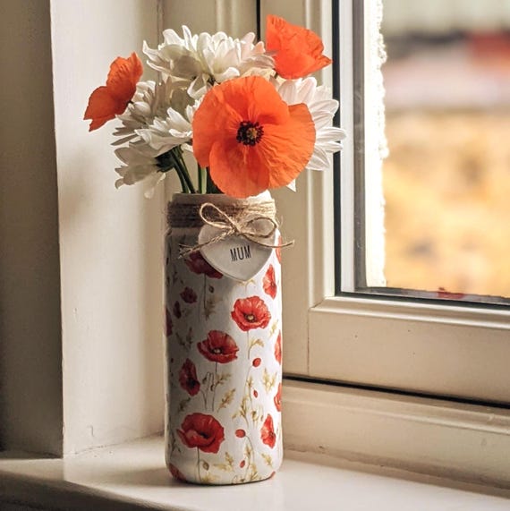 Handmade personalised Poppy Glass vase – Decoupage flower spring Design, gift for her