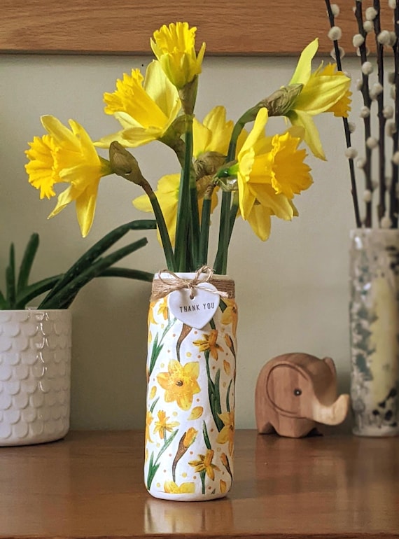 Handmade personalised Daffodil Narcissus Glass vase – Decoupage flower spring Design, gift for her