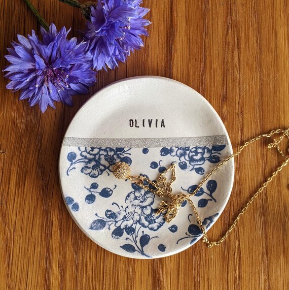 Custom Name Ring Dish: Handmade Air-Dry Clay, Blue Floral Design, personalised trinket dish, gift for mum, granny