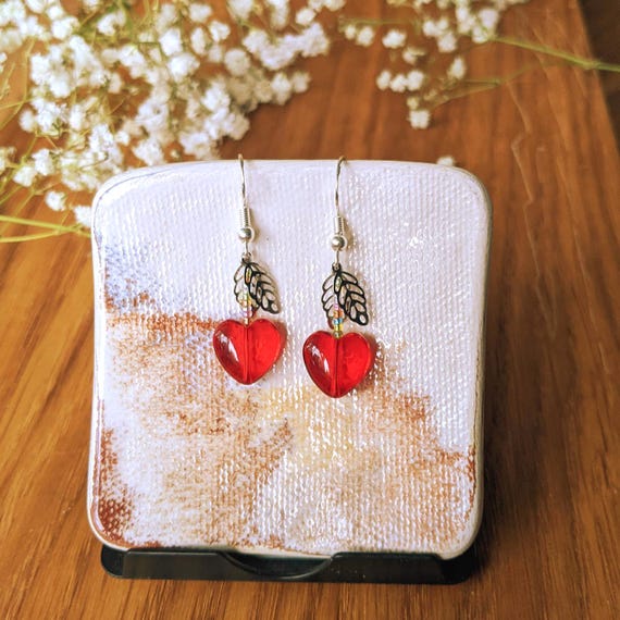Red Glass Heart Earrings – Stainless Steel Leaf Charm Dangles, Gift for her